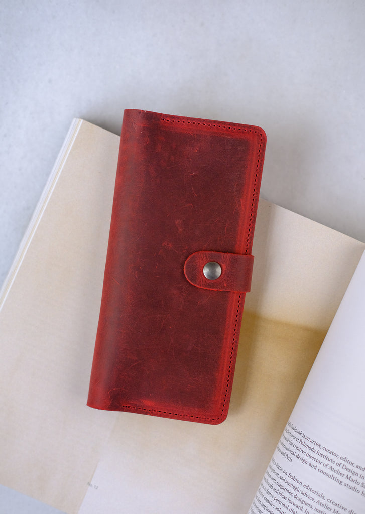 Snap Fastener Leather Long Model Wallet